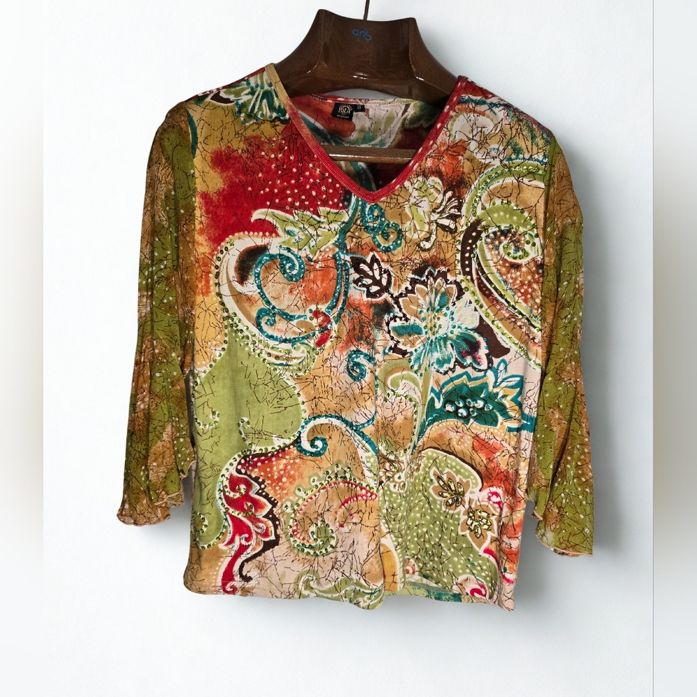 Multicolor Artistic Beaded Top Flowy 3/4 Sleeves Coastal Cowgirl Boho